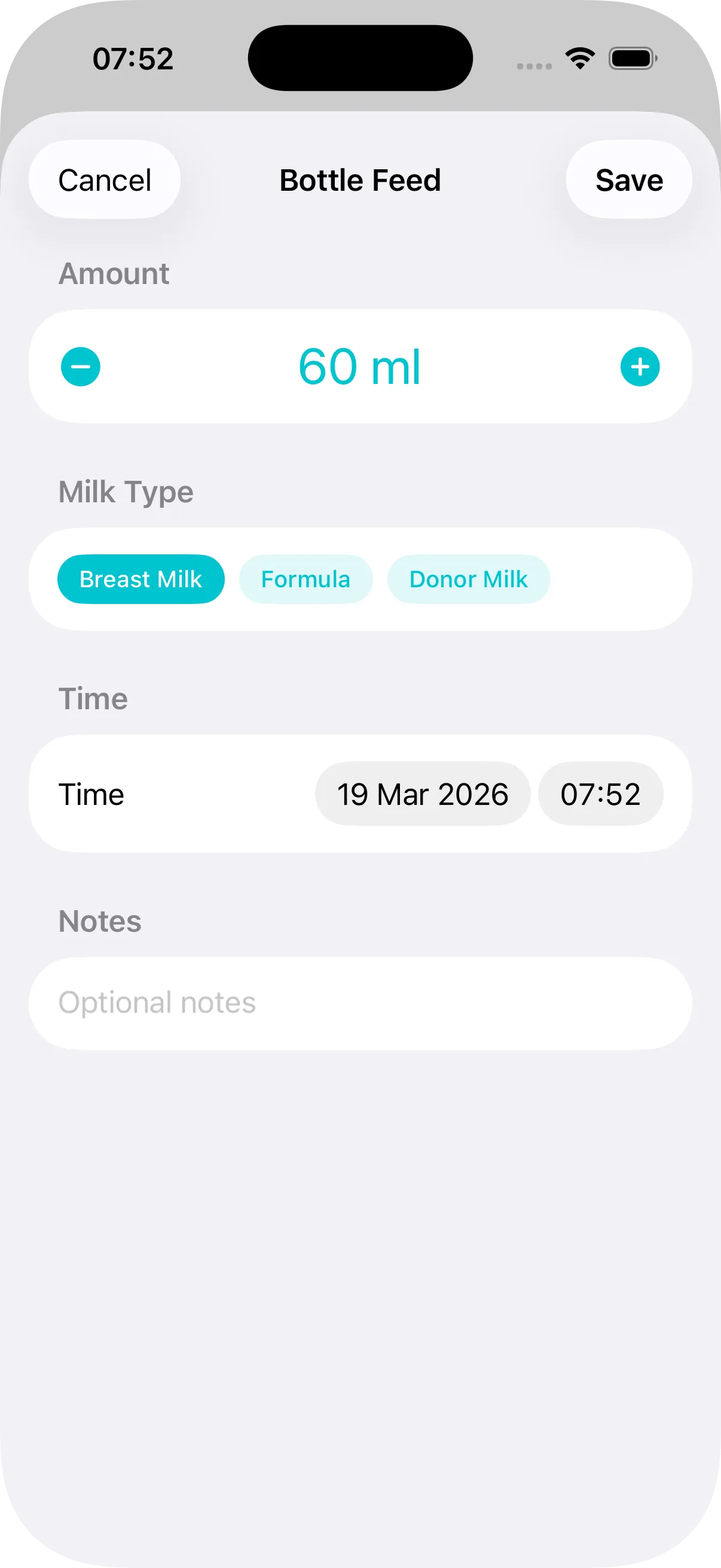 Bottle feed logging screen