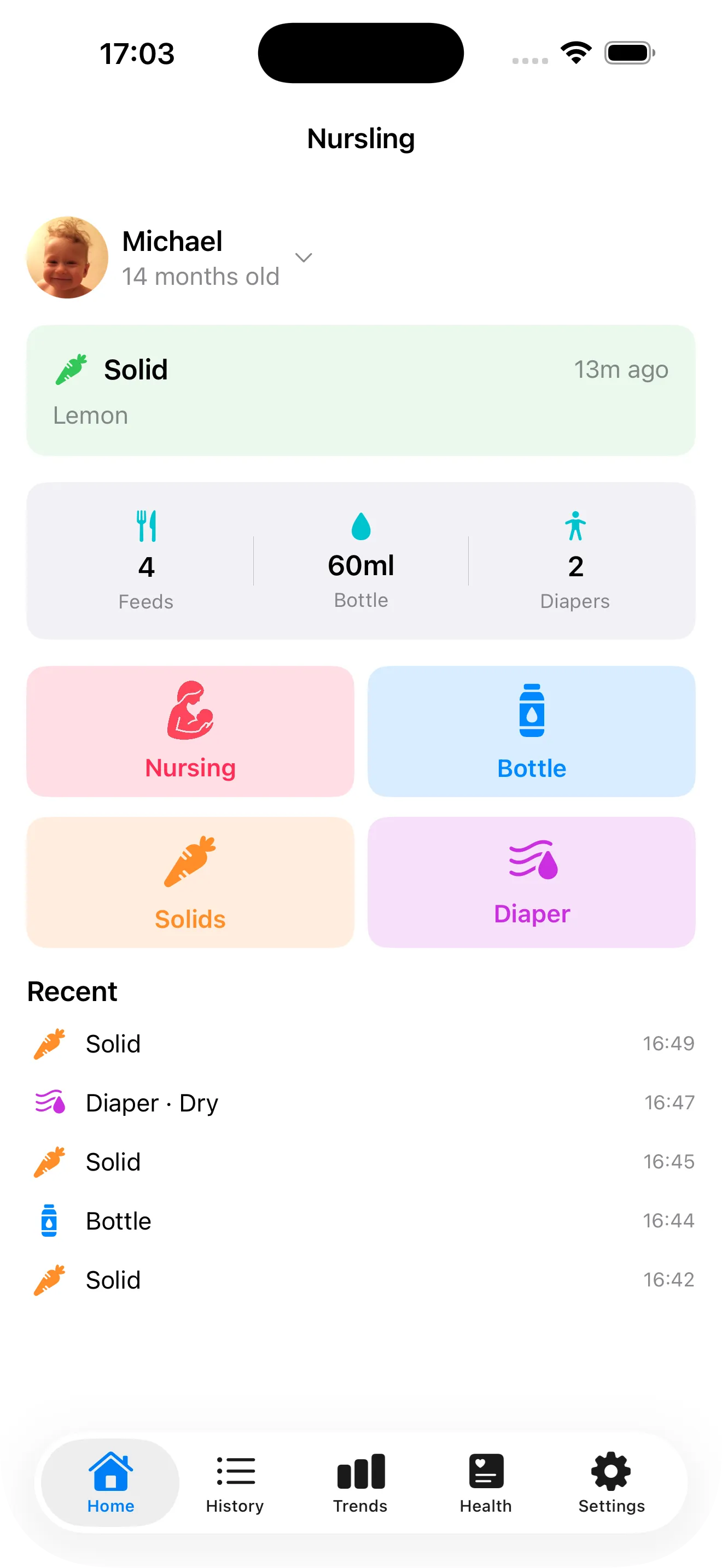 Nursling app home screen