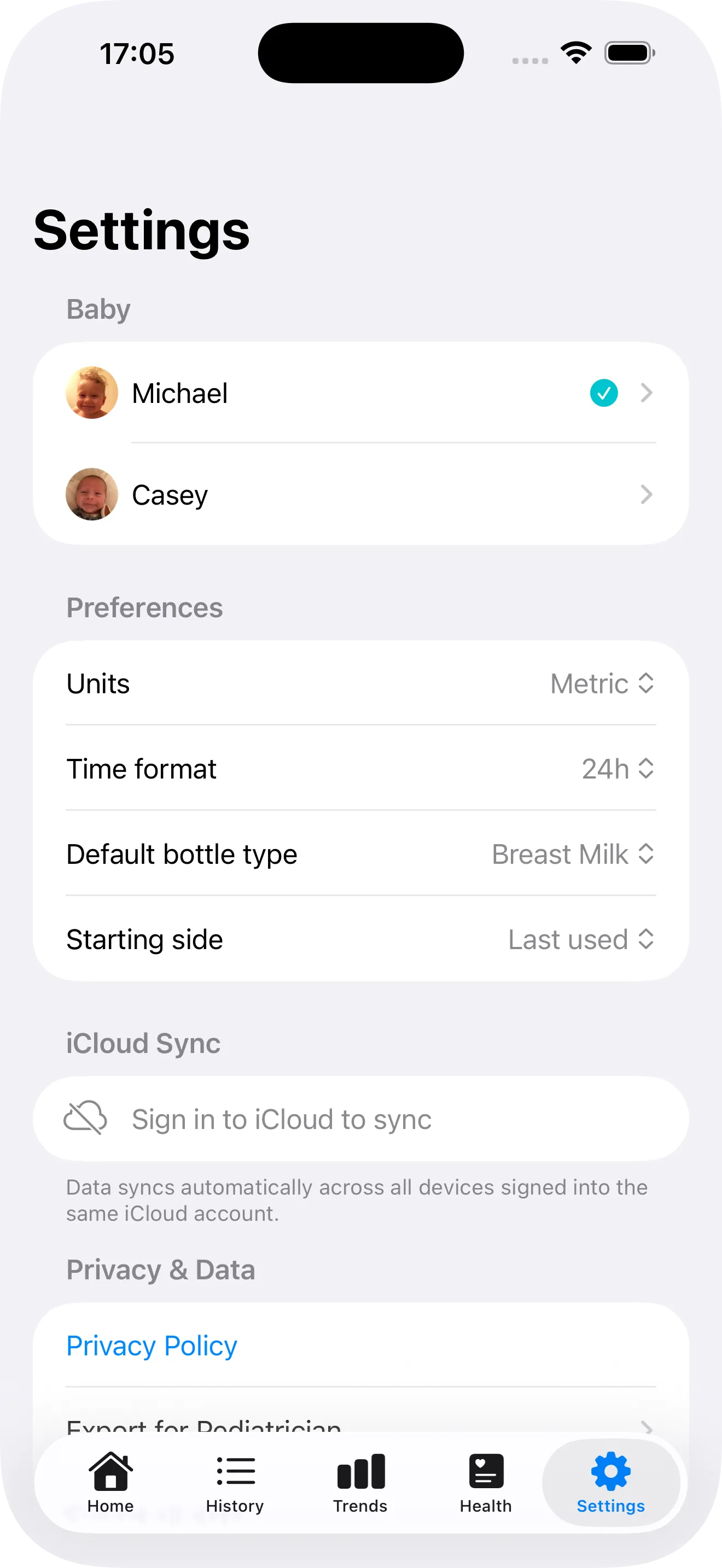 Settings screen
